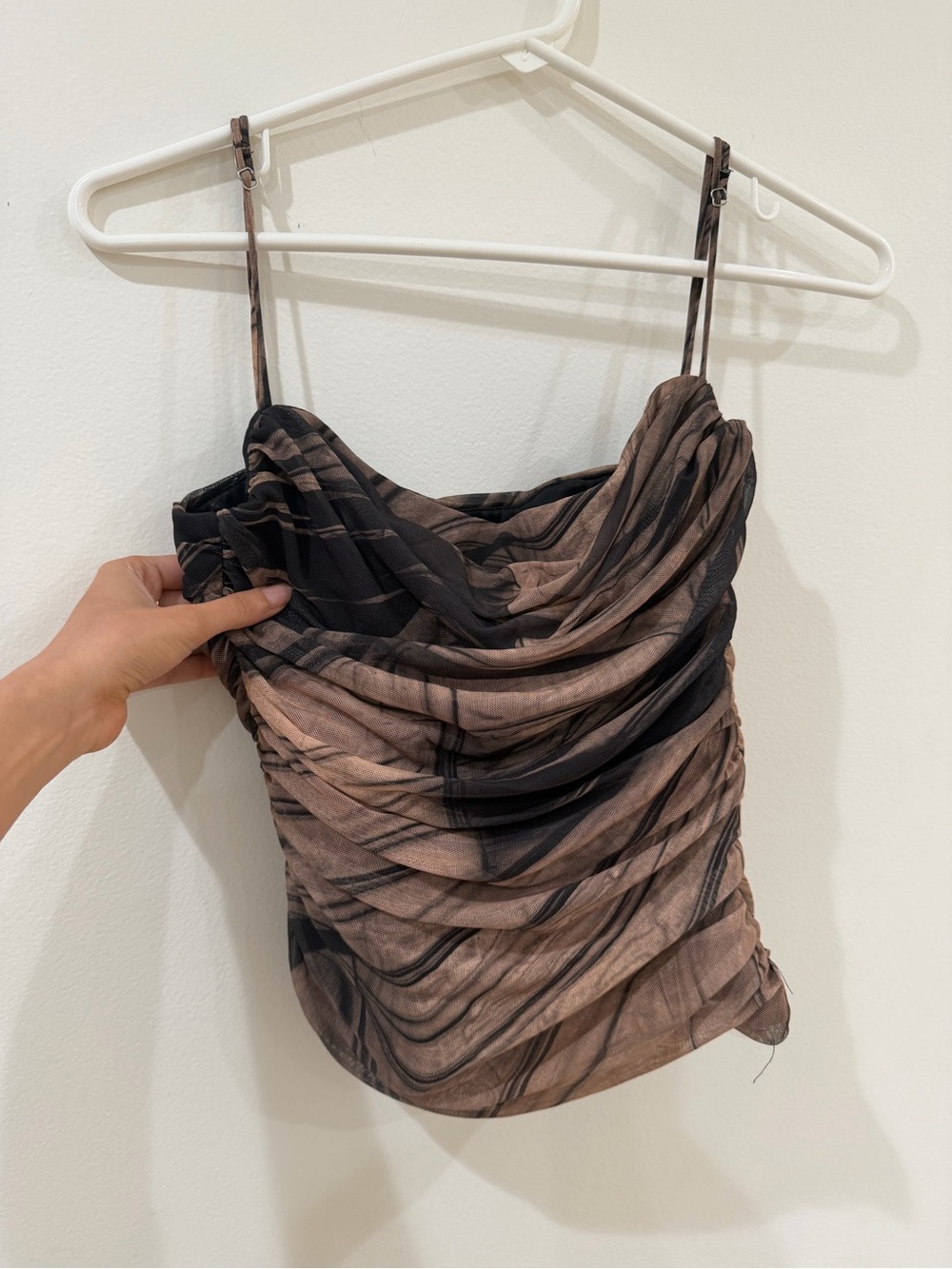 Zara PRINTED TULLE TOP Brown/Black Spaghetti Straps